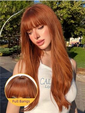 Full Bangs Long Synthetic Wig in Copper Red - Unbranded